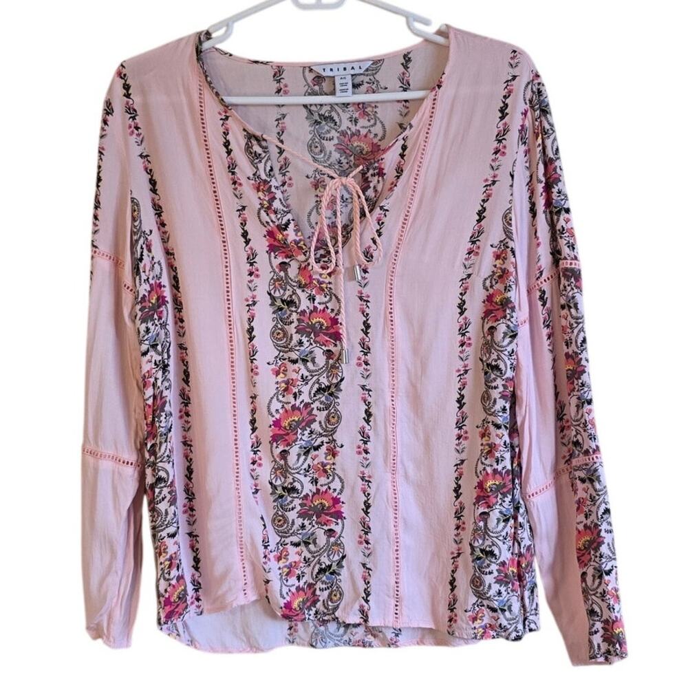 tribal pink floral baneked blouse size small cottagecore